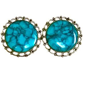 Vintage 50s Sancrest Large Faux Turquoise Clip On Earrings Silver Native Style